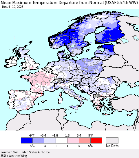 Europe Mean Maximum Temperature Departure from Normal (USAF 557th WW) Thematic Map For 12/4/2023 - 12/10/2023