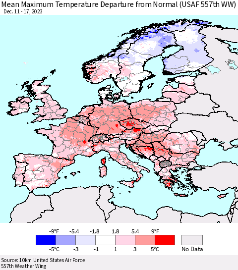 Europe Mean Maximum Temperature Departure from Normal (USAF 557th WW) Thematic Map For 12/11/2023 - 12/17/2023