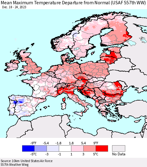 Europe Mean Maximum Temperature Departure from Normal (USAF 557th WW) Thematic Map For 12/18/2023 - 12/24/2023