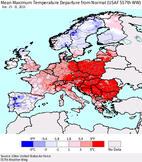 Europe Mean Maximum Temperature Departure from Normal (USAF 557th WW) Thematic Map For 12/25/2023 - 12/31/2023