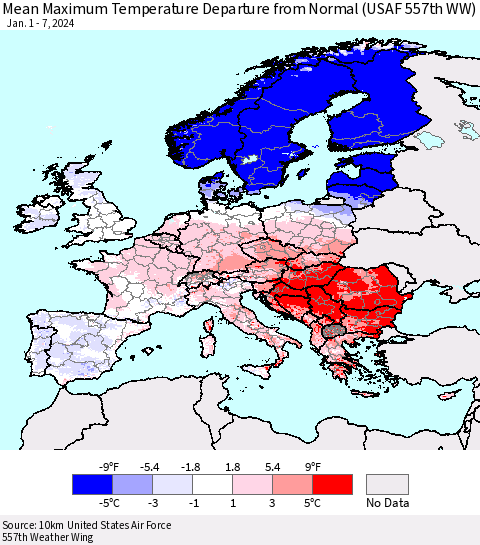 Europe Mean Maximum Temperature Departure from Normal (USAF 557th WW) Thematic Map For 1/1/2024 - 1/7/2024