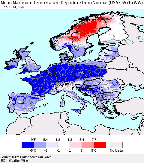 Europe Mean Maximum Temperature Departure from Normal (USAF 557th WW) Thematic Map For 1/8/2024 - 1/14/2024