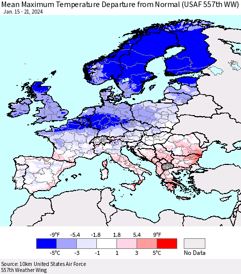Europe Mean Maximum Temperature Departure from Normal (USAF 557th WW) Thematic Map For 1/15/2024 - 1/21/2024
