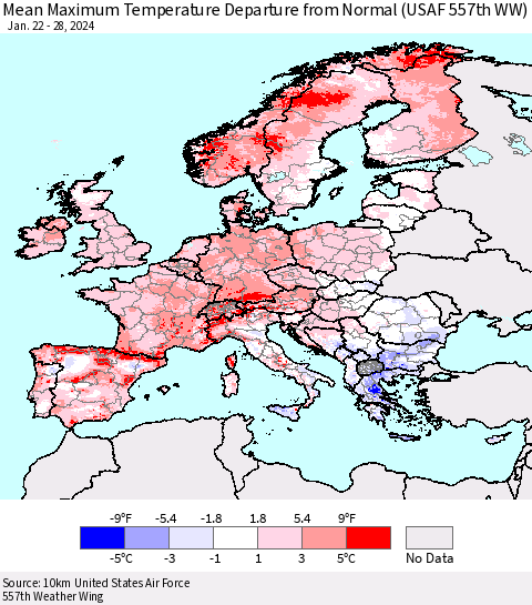 Europe Mean Maximum Temperature Departure from Normal (USAF 557th WW) Thematic Map For 1/22/2024 - 1/28/2024