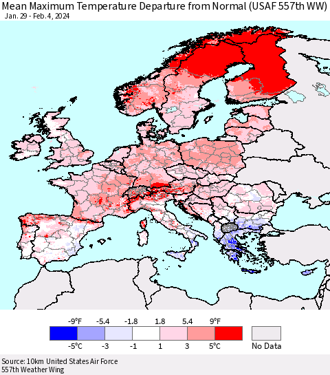 Europe Mean Maximum Temperature Departure from Normal (USAF 557th WW) Thematic Map For 1/29/2024 - 2/4/2024