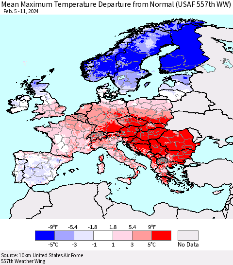 Europe Mean Maximum Temperature Departure from Normal (USAF 557th WW) Thematic Map For 2/5/2024 - 2/11/2024