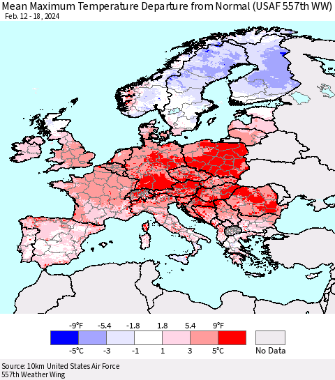 Europe Mean Maximum Temperature Departure from Normal (USAF 557th WW) Thematic Map For 2/12/2024 - 2/18/2024