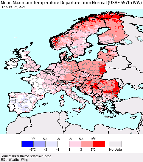 Europe Mean Maximum Temperature Departure from Normal (USAF 557th WW) Thematic Map For 2/19/2024 - 2/25/2024