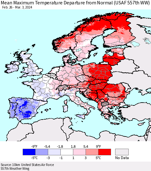 Europe Mean Maximum Temperature Departure from Normal (USAF 557th WW) Thematic Map For 2/26/2024 - 3/3/2024