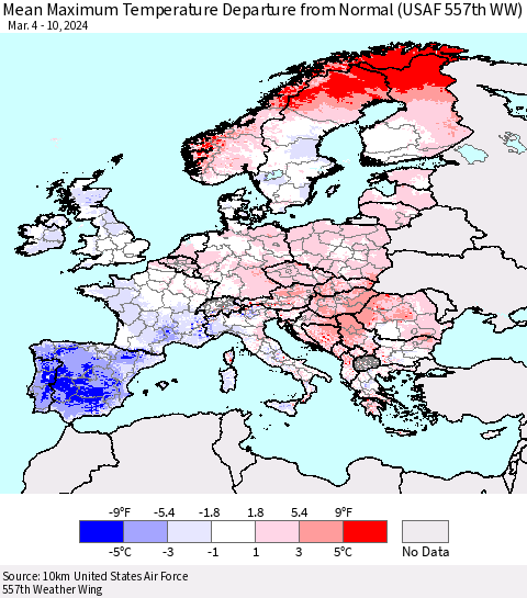 Europe Mean Maximum Temperature Departure from Normal (USAF 557th WW) Thematic Map For 3/4/2024 - 3/10/2024