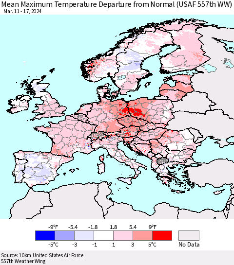 Europe Mean Maximum Temperature Departure from Normal (USAF 557th WW) Thematic Map For 3/11/2024 - 3/17/2024