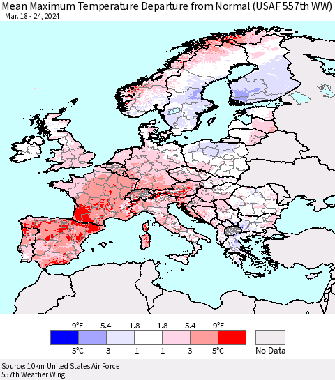 Europe Mean Maximum Temperature Departure from Normal (USAF 557th WW) Thematic Map For 3/18/2024 - 3/24/2024