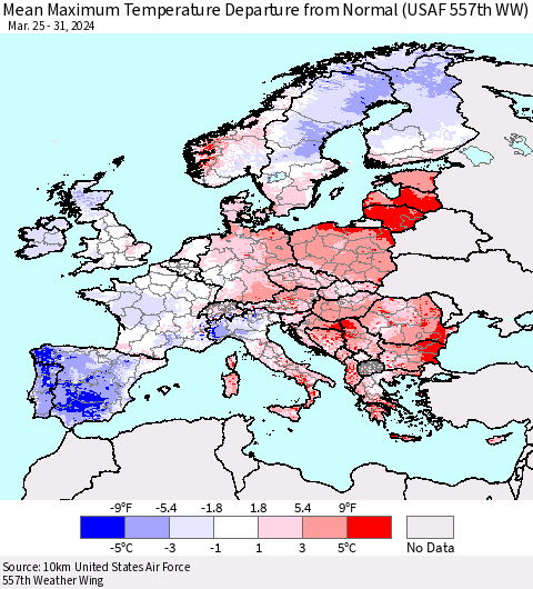 Europe Mean Maximum Temperature Departure from Normal (USAF 557th WW) Thematic Map For 3/25/2024 - 3/31/2024