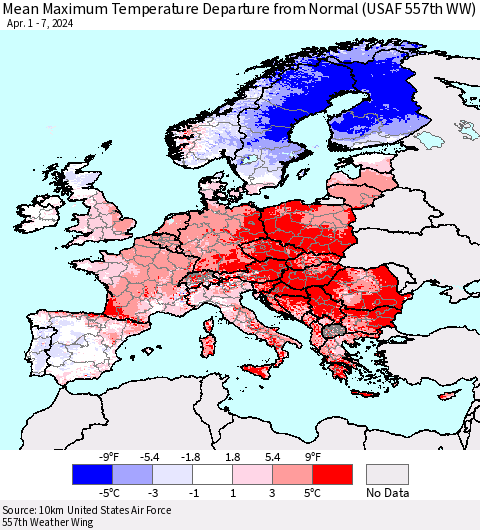 Europe Mean Maximum Temperature Departure from Normal (USAF 557th WW) Thematic Map For 4/1/2024 - 4/7/2024