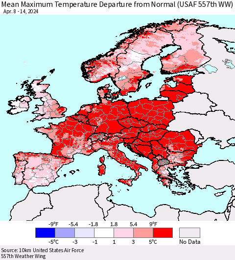 Europe Mean Maximum Temperature Departure from Normal (USAF 557th WW) Thematic Map For 4/8/2024 - 4/14/2024
