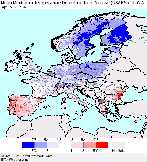 Europe Mean Maximum Temperature Departure from Normal (USAF 557th WW) Thematic Map For 4/15/2024 - 4/21/2024