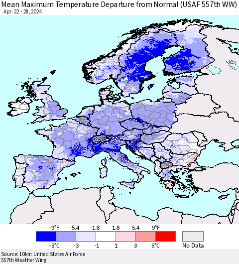 Europe Mean Maximum Temperature Departure from Normal (USAF 557th WW) Thematic Map For 4/22/2024 - 4/28/2024