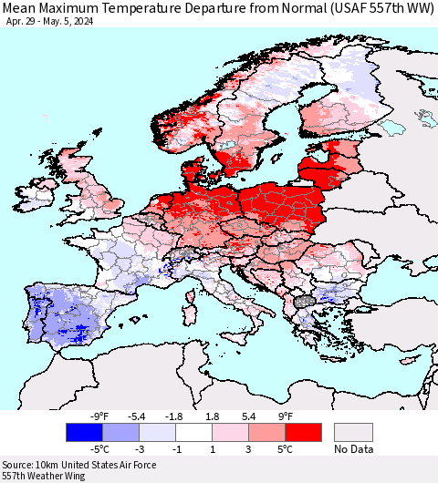 Europe Mean Maximum Temperature Departure from Normal (USAF 557th WW) Thematic Map For 4/29/2024 - 5/5/2024