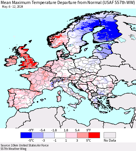 Europe Mean Maximum Temperature Departure from Normal (USAF 557th WW) Thematic Map For 5/6/2024 - 5/12/2024