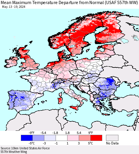 Europe Mean Maximum Temperature Departure from Normal (USAF 557th WW) Thematic Map For 5/13/2024 - 5/19/2024
