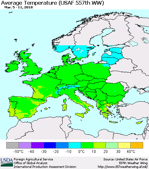 Europe Average Temperature (USAF 557th WW) Thematic Map For 3/5/2018 - 3/11/2018