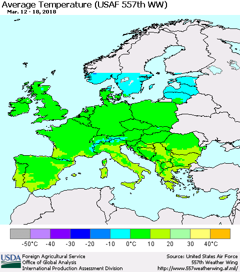 Europe Average Temperature (USAF 557th WW) Thematic Map For 3/12/2018 - 3/18/2018