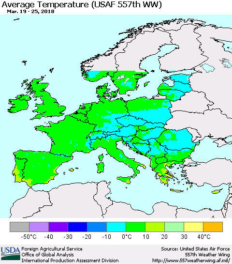 Europe Average Temperature (USAF 557th WW) Thematic Map For 3/19/2018 - 3/25/2018