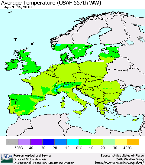 Europe Average Temperature (USAF 557th WW) Thematic Map For 4/9/2018 - 4/15/2018