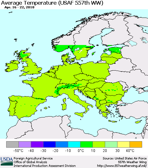 Europe Average Temperature (USAF 557th WW) Thematic Map For 4/16/2018 - 4/22/2018