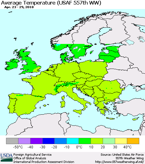 Europe Average Temperature (USAF 557th WW) Thematic Map For 4/23/2018 - 4/29/2018