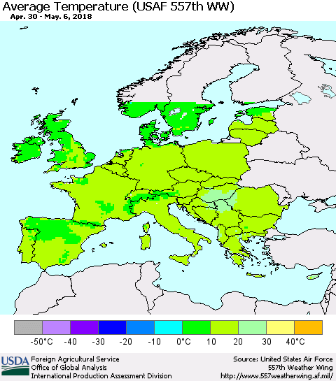 Europe Average Temperature (USAF 557th WW) Thematic Map For 4/30/2018 - 5/6/2018