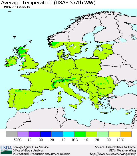 Europe Average Temperature (USAF 557th WW) Thematic Map For 5/7/2018 - 5/13/2018