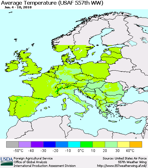 Europe Average Temperature (USAF 557th WW) Thematic Map For 6/4/2018 - 6/10/2018