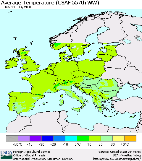Europe Average Temperature (USAF 557th WW) Thematic Map For 6/11/2018 - 6/17/2018