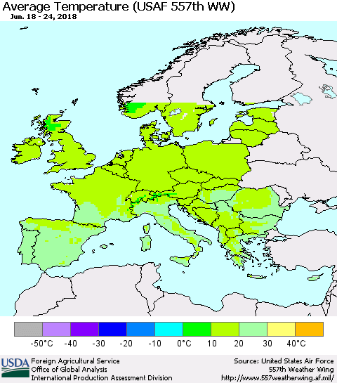 Europe Average Temperature (USAF 557th WW) Thematic Map For 6/18/2018 - 6/24/2018