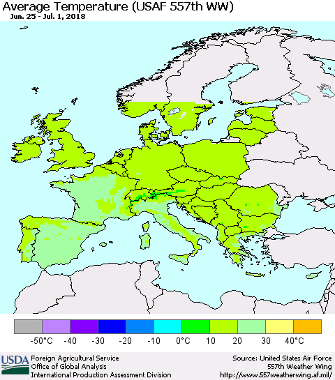 Europe Average Temperature (USAF 557th WW) Thematic Map For 6/25/2018 - 7/1/2018
