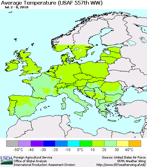 Europe Average Temperature (USAF 557th WW) Thematic Map For 7/2/2018 - 7/8/2018