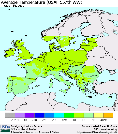 Europe Average Temperature (USAF 557th WW) Thematic Map For 7/9/2018 - 7/15/2018