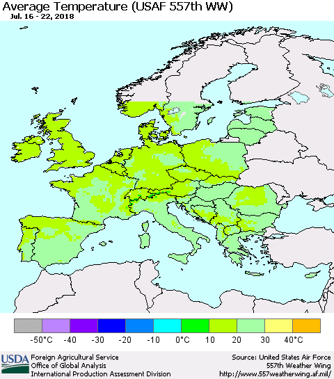 Europe Average Temperature (USAF 557th WW) Thematic Map For 7/16/2018 - 7/22/2018