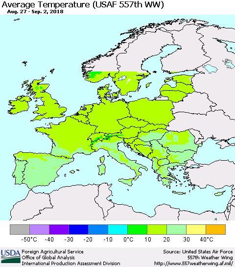 Europe Average Temperature (USAF 557th WW) Thematic Map For 8/27/2018 - 9/2/2018