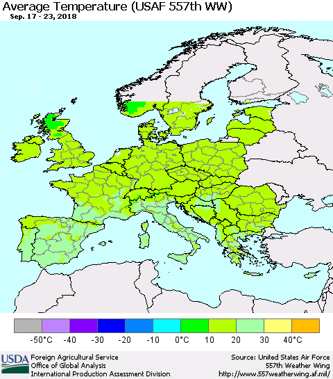 Europe Average Temperature (USAF 557th WW) Thematic Map For 9/17/2018 - 9/23/2018