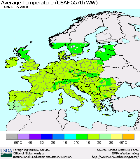 Europe Average Temperature (USAF 557th WW) Thematic Map For 10/1/2018 - 10/7/2018
