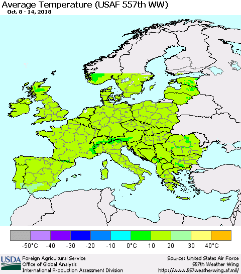 Europe Average Temperature (USAF 557th WW) Thematic Map For 10/8/2018 - 10/14/2018