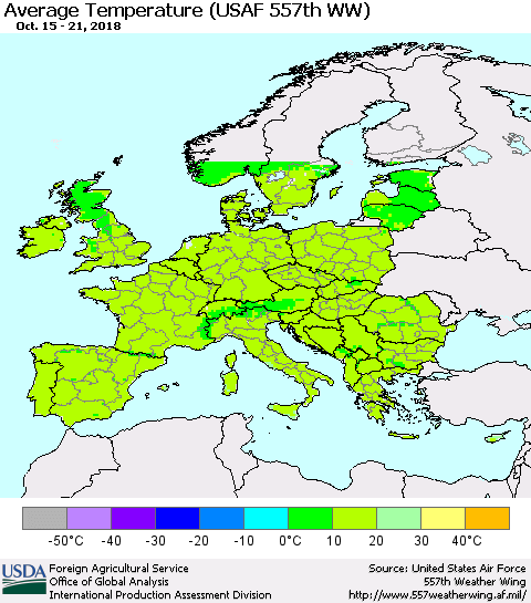 Europe Average Temperature (USAF 557th WW) Thematic Map For 10/15/2018 - 10/21/2018