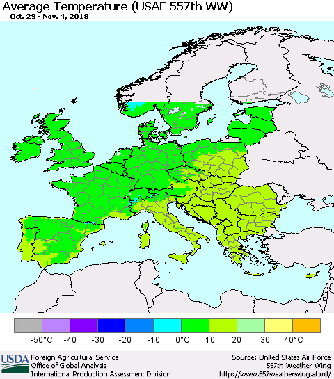 Europe Average Temperature (USAF 557th WW) Thematic Map For 10/29/2018 - 11/4/2018