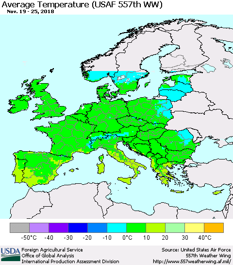 Europe Average Temperature (USAF 557th WW) Thematic Map For 11/19/2018 - 11/25/2018
