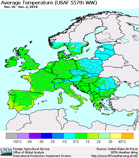 Europe Average Temperature (USAF 557th WW) Thematic Map For 11/26/2018 - 12/2/2018