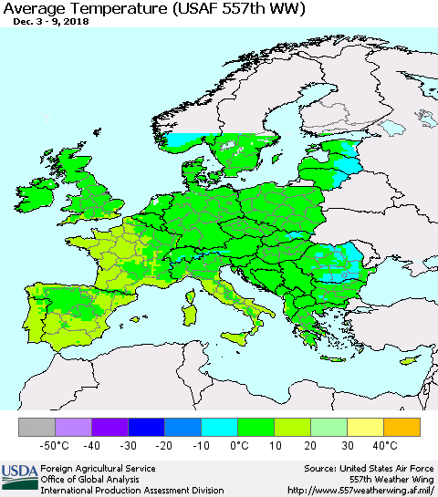 Europe Average Temperature (USAF 557th WW) Thematic Map For 12/3/2018 - 12/9/2018