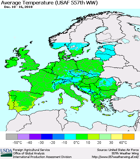 Europe Average Temperature (USAF 557th WW) Thematic Map For 12/10/2018 - 12/16/2018