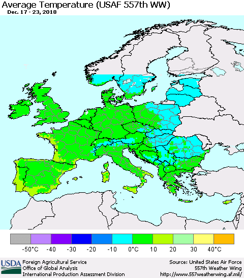Europe Average Temperature (USAF 557th WW) Thematic Map For 12/17/2018 - 12/23/2018